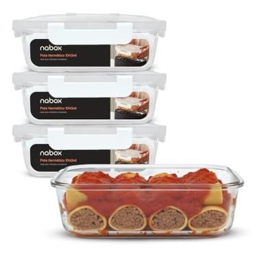 Imagem de 4 Potes Vidro Tampa Hermética 1040ml Marmitas Travas Premium (Branco)