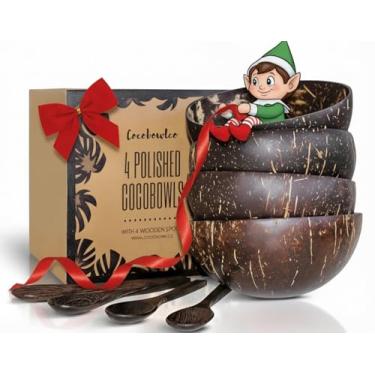 Imagem de COCOBOWLCO Conjunto de tigelas de coco com colheres de madeira – Tigelas de açaí ecológicas, tigelas de iogurte e tigela de smoothie – Ideal para Ninja Creami e café da manhã saudável (4, polido)