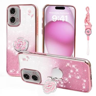 Imagem de Nouxwerx Capa para Motorola Moto G24 / G24 Power, capa de celular para celular para meninas e mulheres com alça de suporte de anel capa protetora à prova de choque para Moto G04 / G04s/ E14 ouro rosa
