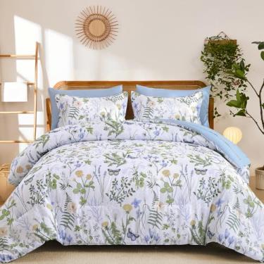 Imagem de Yiran Conjunto de edredom Queen, 7 peças, azul, branco, floral, macio, cama queen em uma bolsa com flores botânicas, edredom para todas as estações, lençóis, fronhas e fronhas