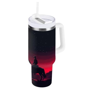 Imagem de Qilmy Copo de caubói ocidental americano com tampa e canudo, à prova de vazamento, durável, à prova de vazamento, copo isolado de aço inoxidável com alça, garrafas de água à prova de derramamento para