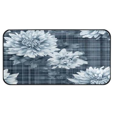 Imagem de Burbuja Tapete de cozinha xadrez com flores de crisântemo 51 x 99 cm, tapete lavável antiderrapante com suporte de borracha, tapete para cozinha, sala de estar, banheiro, decoração de casa