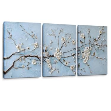 Imagem de CANLUNTE Arte de parede em tela de 3 peças, ramo de flor de cerejeira com pintura de pássaros - Arte tríptica floral moderna para quarto, sala de estar, escritório decoração de casa (arte 5,40 cm x 61