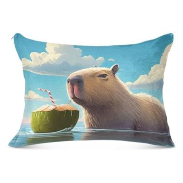 Imagem de Linda fronha branca capivara azul celeste grande com zíper poliéster longo king queen tamanho padrão linda capa de travesseiro de cama grande, tamanho corporal, 53 cm x 137 cm
