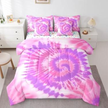 Imagem de Erosebridal Jogo de edredom tie dye King para meninas, boêmio, rosa, boêmio, cigano, aquarela, pastel, espiral, geométrico, respirável, leve