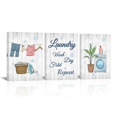 Imagem de iLOOKLiKE Arte de parede em tela rústica para lavanderia de 3 peças, lavar a seco e dobrar impressões repetidas para lavanderia de fazenda, loja de limpeza a seco, pronto para pendurar, 30 x 40 x 3