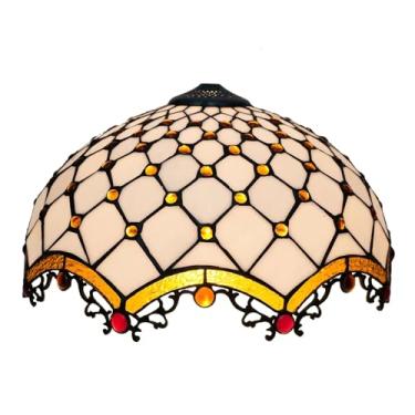 Imagem de Cúpula de reposição Tiffany, 40 cm (16 polegadas), em vitral, feita à mão, estilo retrô mediterrâneo, com detalhes em rosa, ideal para abajures de mesa, de chão e de teto, na cor branca.