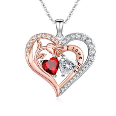 Imagem de WYDDO Colar de coração rosa para mulheres, pingente de pedra de nascimento duplo, presente de aniversário e Natal para sua esposa, mãe, filha, Base, Zircônia cúbica
