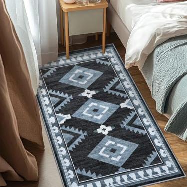 Imagem de Tijuboni Tapetes ocidentais para sala de estar quarto antiderrapantes, tapetes de área do sudoeste para sala de jantar cozinha berçário, suporte de borracha lavável, 3x5 asteca preto-branco-azul