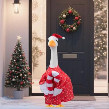 Imagem de Fantasia de ganso de varanda de Natal, roupa de Natal de ganso de varanda com bengala doce e chapéu de Papai Noel, vestido de Papai Noel para gansos de cimento ou plástico de 58 cm, decoração de Natal