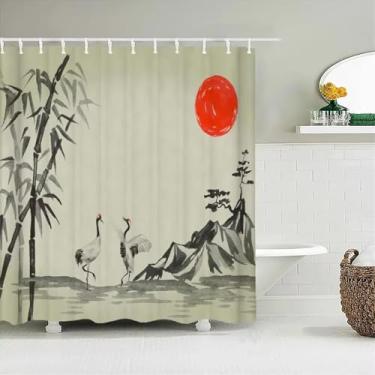 Imagem de Cortina de chuveiro impressa estilo japonês, cortinas de banheiro de tecido impermeável, flores de bambu, pássaros, plantas, decoração de tela de banheira 85 x 210 cm/LxA, resistente a mofo