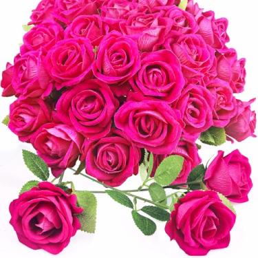 Imagem de CAMBIODV 36 peças rosa choque flores artificiais buquê de veludo com haste longa toque real rosas falsas florais para decoração de festa de casamento casamento casamento arranjo de centro de mesa