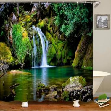 Imagem de Cortinas de chuveiro com estampa 3D de cachoeira, floresta verde, impermeável, com ganchos, tecido de poliéster, 180 x 260 cm/LxA, cortina de chuveiro lavável
