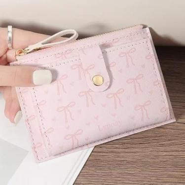 Imagem de Carteira compacta feminina estampada - porta-cartões com fecho de pressão e interior forrado para uso diário, rosa, Tendência