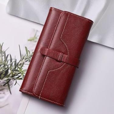 Imagem de Carteira longa feminina com zíper - 12 compartimentos para cartão e 4 compartimentos para notas, organizador de poliuretano de grande capacidade, 19 x 9,7 cm (preto, vermelho, azul), Vermelho