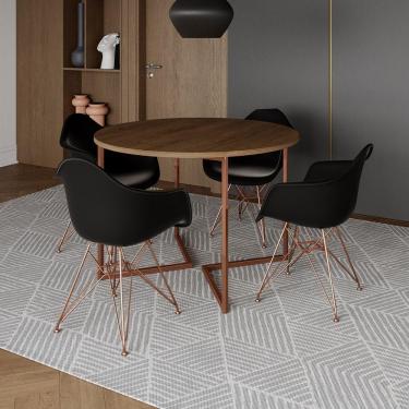 Imagem de Mesa Industrial Jantar Amêndoa 110Cm Redonda Base V Com 4 Poltronas Pretas Base Cobre Amendoa