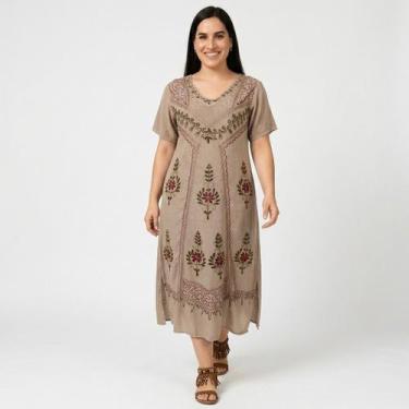 Imagem de Vestido Indiano Longo Manga Curta Liso bordado Colorido 1100-4 - M - S