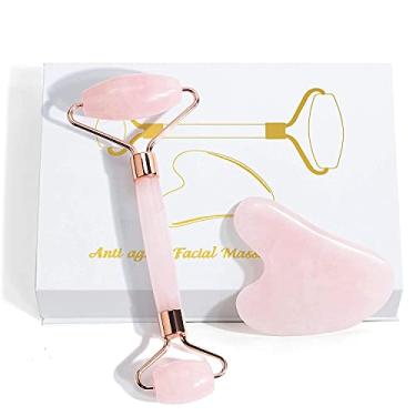 Imagem de Conjunto de rolo de jade e Gua Sha, ferramentas faciais Gua Sha, rolo de jade para rosto, ferramenta de guasha de jade 100% natural para tratamento facial, pescoço e olhos para rotina de cuidados com a pele (rosa)