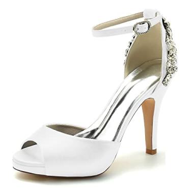 Imagem de Sapatos de noiva stiletto sapatos femininos de cetim salto alto marfim peep toe sapatos com strass 36-42,White,5 UK/38 EU