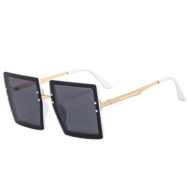 Imagem de Óculos de sol de metal quadrado espelho plano feminino rosto redondo feminino óculos de sol vintage de armação grande, branco cinza, um