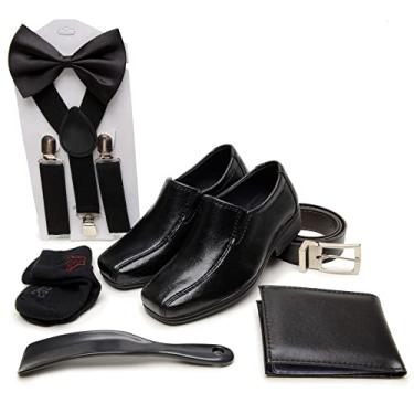Imagem de Kit Pajem Casamento Sapato Social Infantil Cinto Carteira Suspensorio Gravata Borboleta Calçadeira Meia Tamanho:35;Cor:Preto;Gênero:Menino;Departamento BS:Esporte