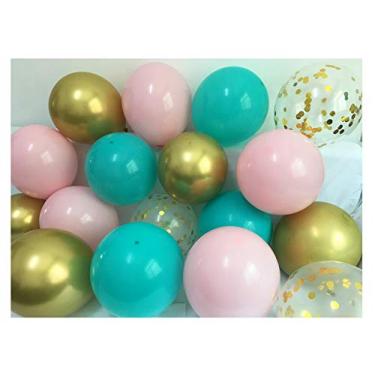 Imagem de Balões de cor pastel rosa azul-petróleo - balões de confete de bambu dourado cromado para aniversário menina bebê chá de noiva decorações de festa suprimentos 30,48 cm 50 pacotes (mastel azul-petróleo + rosa + ouro)