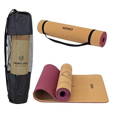Imagem de ARIMO Tapete de Cortiça e TPE Yoga Mat Antiderrapante Ecológico Biodegradável Todos Os Tipos de Yoga/Pilates 181 x 61 cm x 6 mm (Carmim com Linhas)