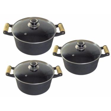Imagem de Jogo 3 Caçarolas Ferro Fundido Alça de Madeira Tampa Vidro