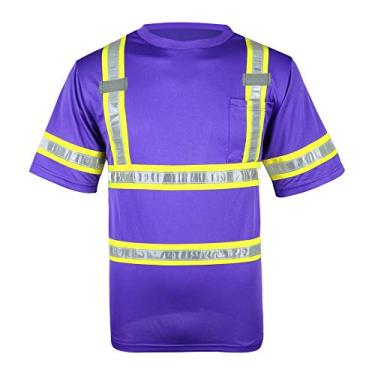 Imagem de Camisetas de trabalho SMASYS Refletive Safety – Camisetas de manga curta de alta visibilidade ANSI com bolsos e fita refletiva de PVC para homens, mulheres (amarelo-roxo, 5GG)