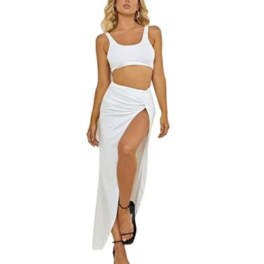 Imagem de Regatas Sem Mangas Conjunto de Saia Longa, Casual Alta Fenda Elegante Cor Pura Feminina Conjuntos de Saia de 2 Peças Costas Em u para Data Diária (S)