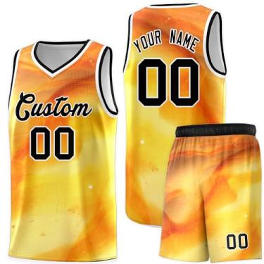 Imagem de Camisa de basquete personalizada 90S Hip Hop Athletic Sports Shirts Impresso Número de nome personalizado para homens e crianças, Amarelo e laranja - 11, One Size