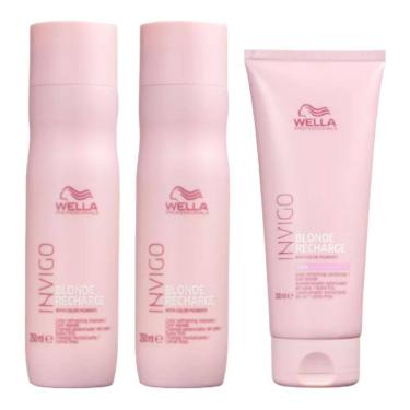 Imagem de Kit Wella Blond Recharge 2x Shampoo Desamarelador 250ml, Condicionador 200ml (3 produtos)