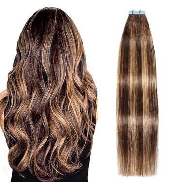 Imagem de SUYYA Extensões de cabelo humano com fita adesiva, 50 g/pacote, 20 peças de fita de trama de pele lisa sem costura em extensões de cabelo real, Ombre Balayage chocolate marrom a loiro caramelo (30,5 cm #P4/27/T4)
