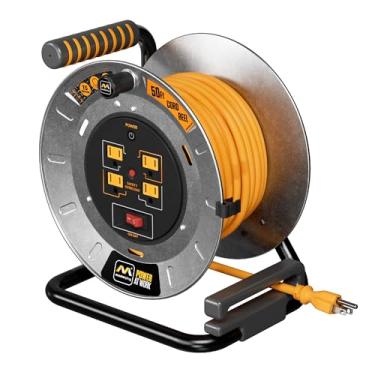 Imagem de Masterplug Carretel de cabo de 15 metros, tambor de cabo de aço metálico, cabo de extensão retrátil com alça de enrolamento, disjuntor de sobrecarga de segurança e interruptor de alimentação, 4