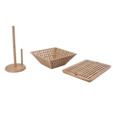 Imagem de Kit com fruteira vazada, porta papel toalha e tábua migalheira de pão 