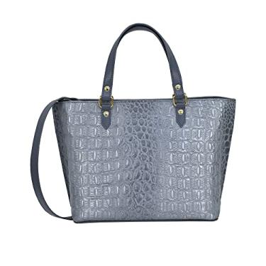 Imagem de Anuschka Bolsa feminina de couro genuíno original pintada à mão média, Croco em relevo prata/cinza, One Size