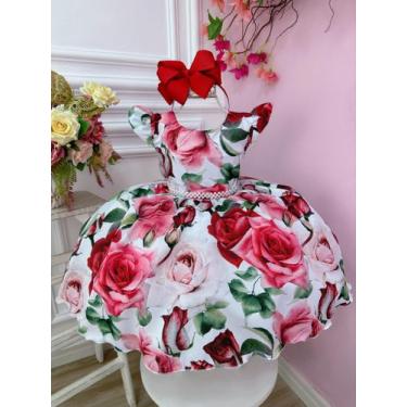 Imagem de Vestido Infantil Branco Florido de Rosas Cinto Pérolas Festa - baila n
