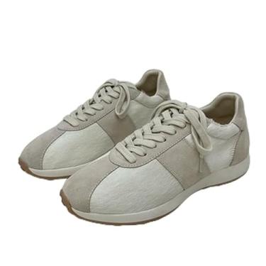 Imagem de Sapatos casuais femininos minimalistas e modernos de couro bovino e crina de cavalo vintage tênis feminino para treinamento feminino, Cinza, 36