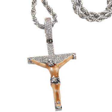 Imagem de Generic Colar hip hop com pingente de cruz de Jesus crucifixo de Jesus para homens e mulheres joias cristãs com correntes de 61 cm (prata), 65 cm, 65cm, Metal, Zircônia cúbica