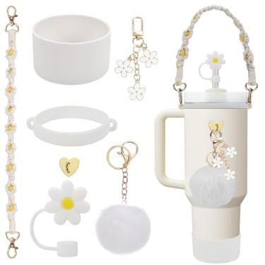 Imagem de Conjunto de acessórios para copos Stanley, 1 alça de garrafa de água, 1 capa de silicone de copo, 1 capa de silicone de canudo, 2 pingentes Stanley para copo Stanley de 1,2 L e copo de 887 ml (branco)