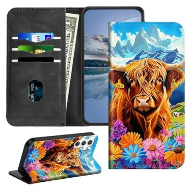 Imagem de HEAKIERG Capa magnética para Sansung Galaxy A25 5G de 6,5 polegadas com porta-cartão, capa protetora à prova de choque com suporte para cartão de crédito, capa flip carteira, flor vaca montanha