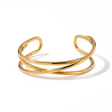 Imagem de Biuwos Pulseiras femininas folheadas a ouro com várias opções de pulseira de punho aberto joias modernas, Medium, Metal, Sem Pedra Preciosa