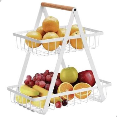 Imagem de Fruteira Aramada De Mesa Organizador De Frutas Cesto Em Metal Aramado 2 Andares Cor Preto ou Branco Multiuso Com Alça De Madeira (Branco)