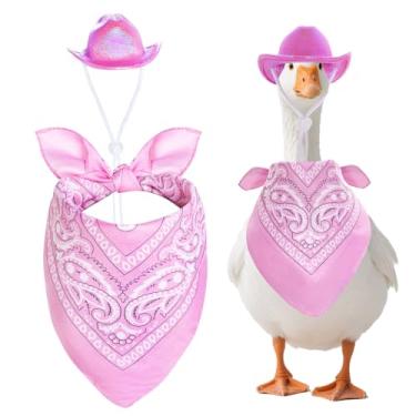Imagem de Topbuti Roupas de ganso de varanda de cowboy ocidental para roupas de estátua de ganso de gramado de 58 cm/43 cm, chapéu de cowboy com lenço bandana para fantasia de ganso de plástico (rosa)