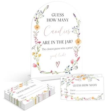 Imagem de Jogos de chá de bebê - Wildflower Guess How Many Doces Are in the Pote, 1 placa de acrílico de arco e 50 cartas de adivinhação, jogo de revelação de gênero, suprimentos de decoração floral para chá de