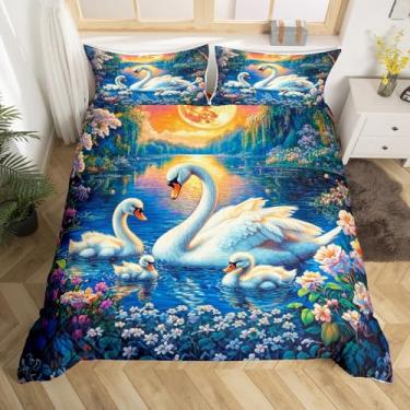 Imagem de Jogo de cama com tema de primavera de sonho fofo de cisne, flores românticas, aquarela para meninos e meninas, capa de edredom elegante de cisne, tamanho king com 2 fronhas, edredom não incluído