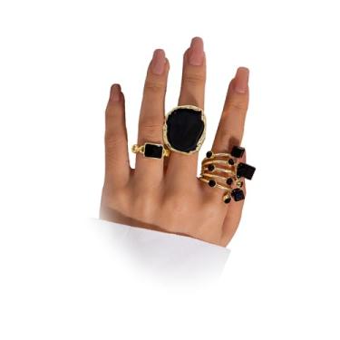 Imagem de Conjunto de anéis pretos grossos para mulheres, anéis empilháveis de ouro vintage na moda grande conjunto de anéis de coquetel, berloque, festa, formatura, joias, acessórios, presentes, Metal, Sem