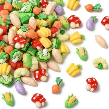 Imagem de Stiesy 100 peças de berloques de geleca de comida de imitação de resina berinjela pimenta amarela cogumelos milho cenouras sem furo contas planas cabochão para enfeites pulseira brinco colar