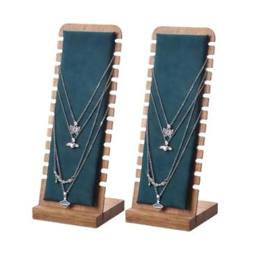Imagem de SWTOOL 2 peças, cor de nogueira, corpo de bambu, suporte de exibição de joias com flanela verde tapete macio colar pingente suporte de exibição de mesa para shows de vendas em casa