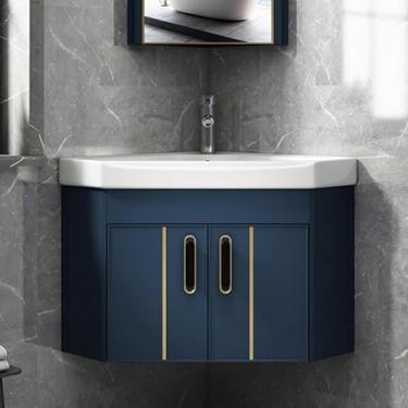 Imagem de Pia De Banheiro De Montagem Em Parede Pequena, Armário De Pia De Banheiro Flutuante De Montagem Em Parede Pequena, Mini Pia De Banheiro De Canto De Banheiro Moderno, Para Ban, Blue, Set1-48cm